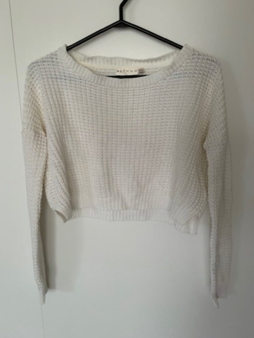 White Wide-Neck Cropped Knit Sweatshirt from Retrod